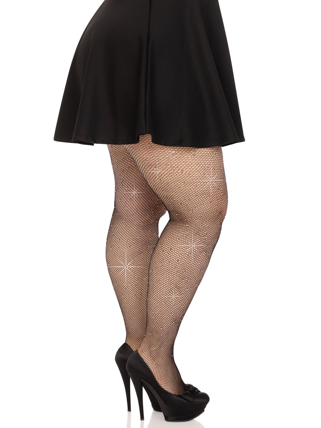 Fishnet crystalized tights with multi sized iridescent rhinestones.