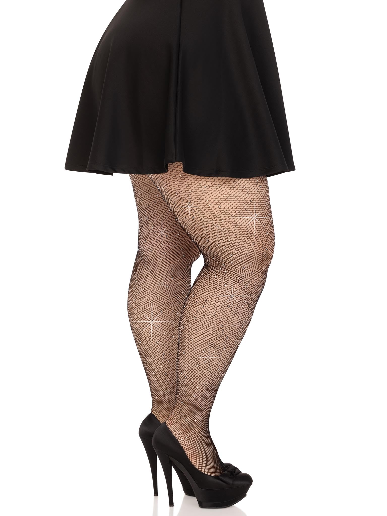 Fishnet crystalized tights with multi sized iridescent rhinestones.