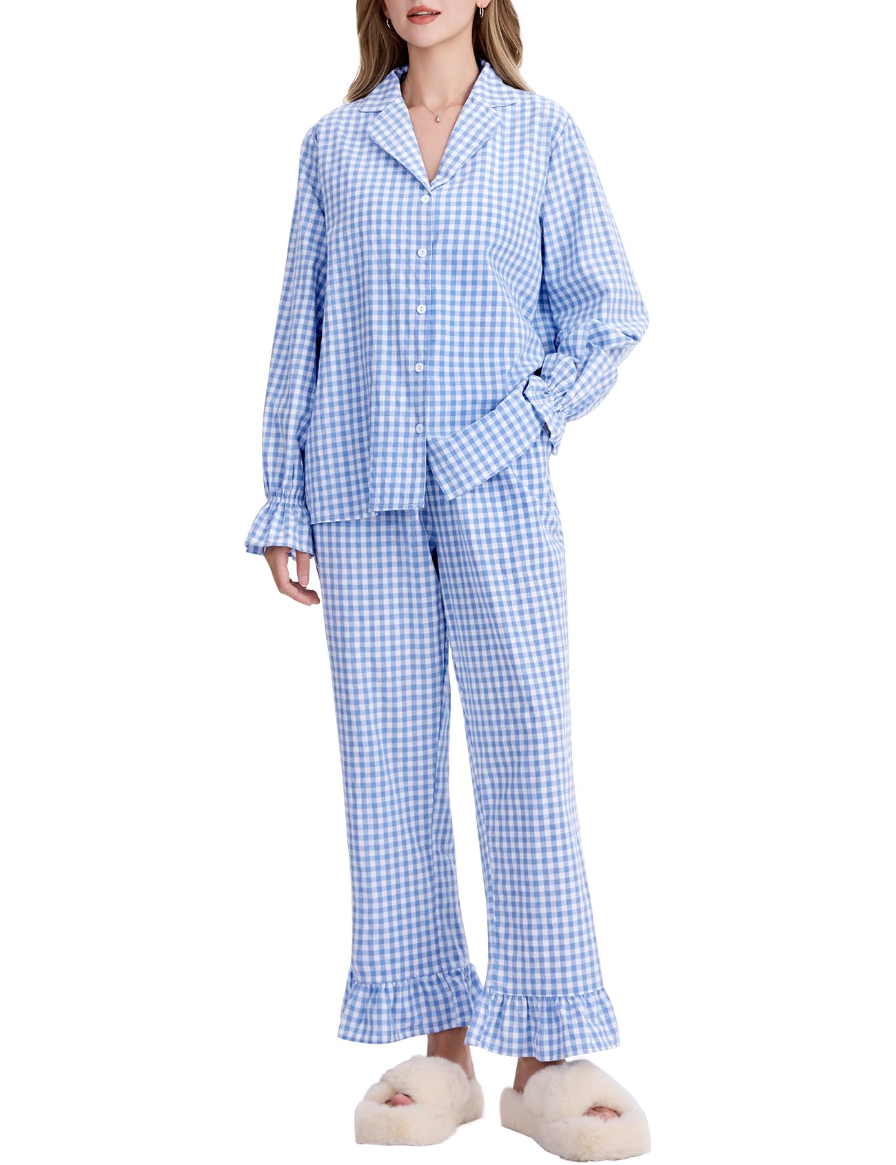 Kissonic Women Gingham Pajama Sets Cotton Long Sleeve Button Down Shirt and Pants Y2K Pjs Lounge Set Sleepwear(Blue-S)