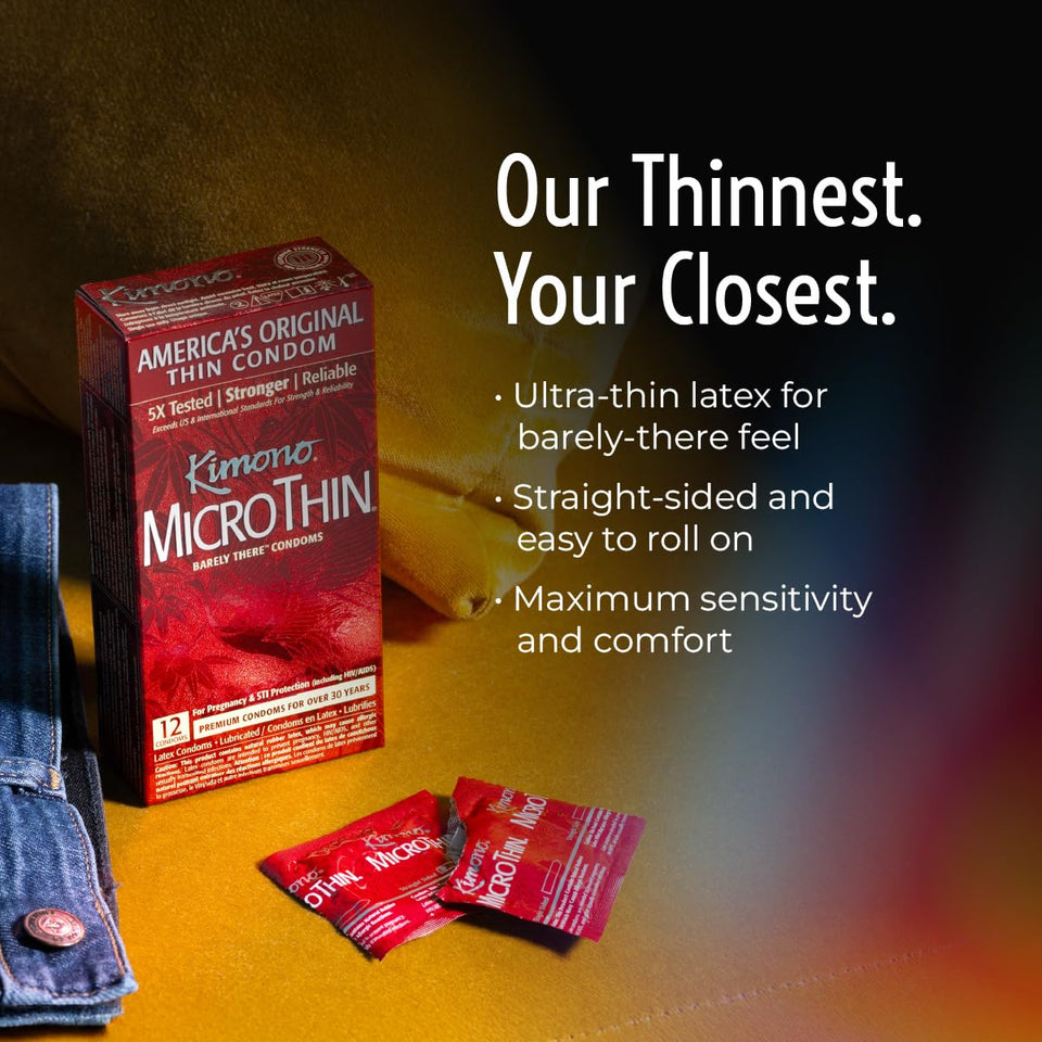 Kimono Microthin Condoms I Lubricated I Our Thinnest Condoms Ever I 5X Tested, Stronger, Reliable I Made With Odorless Premium Natural Latex I 12 Count