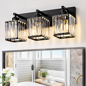 Aixialin Black Bathroom Vanity Light 3 Lights, Crystal Bathroom Wall Light Fixtures Vanity Light Over Mirror Vanity Lights (Excl