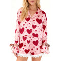 SUEER Womens Heart Print Pajamas Set Long Sleeve Button-Down Satin Sleepwear Shorts Lounge Set (Red, M)