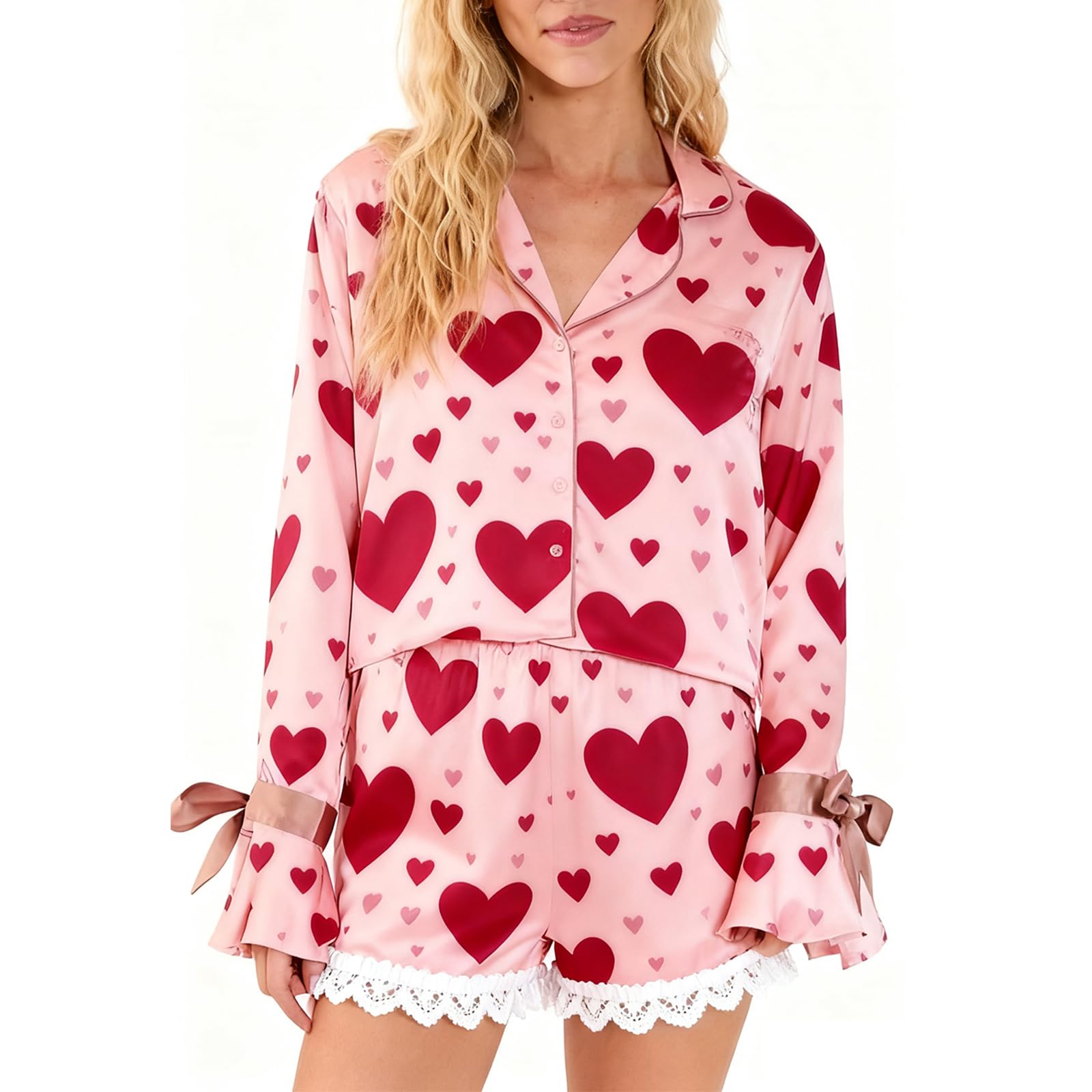 SUEER Womens Heart Print Pajamas Set Long Sleeve Button-Down Satin Sleepwear Shorts Lounge Set (Red, S)