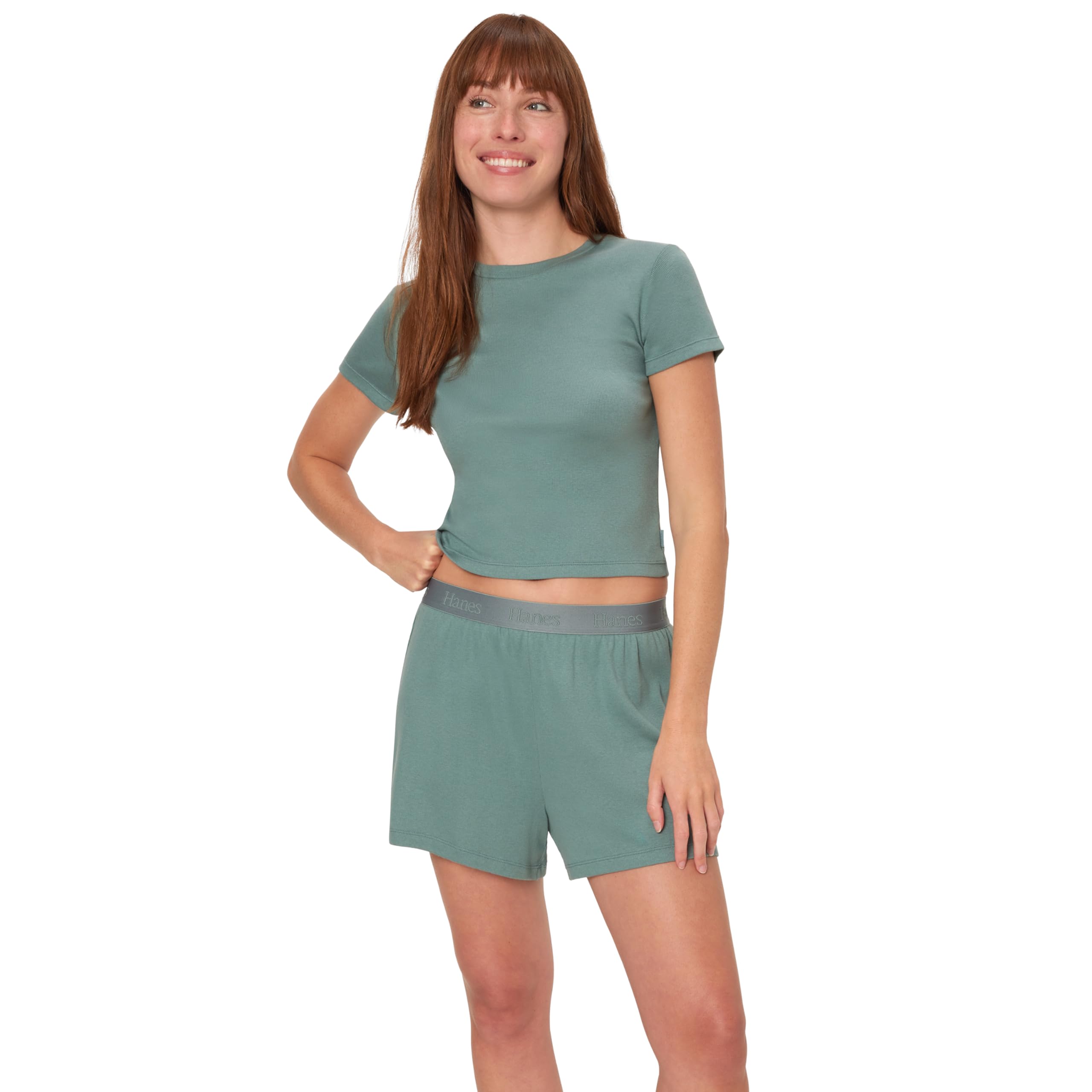 Hanes Womens Originals 2-Piece Lounge, Supersoft Cropped Baby Doll Tee & Sleep Shorts Loungewear Set, Faded SAGE Green/Faded SA
