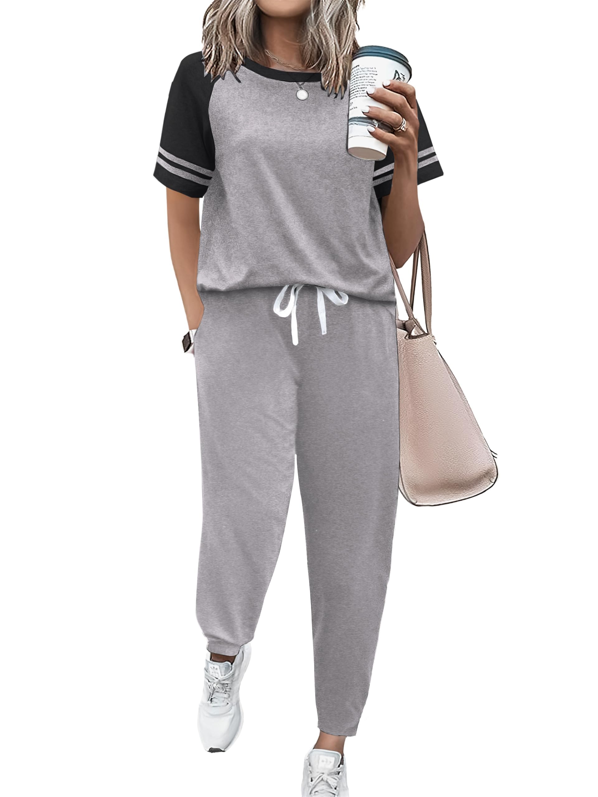 Ekouaer Lounge Sets for Women Two Piece Pajama Set Short Sleeve Crewneck Jogger Outfits and Sweatpants Tracksuit