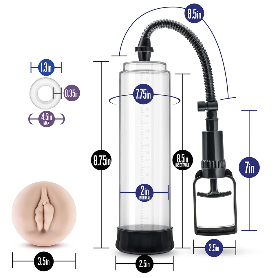 Blush Performance Vx4 - All Natural Male Enhancing Penis Enlargement And Vibrating Masturbation Pump - 2 Ultra Soft Pump Sleeves, Cock Ring For Max Pleasure - 8.5&quot; High Impact Polycarbonate Cylinder
