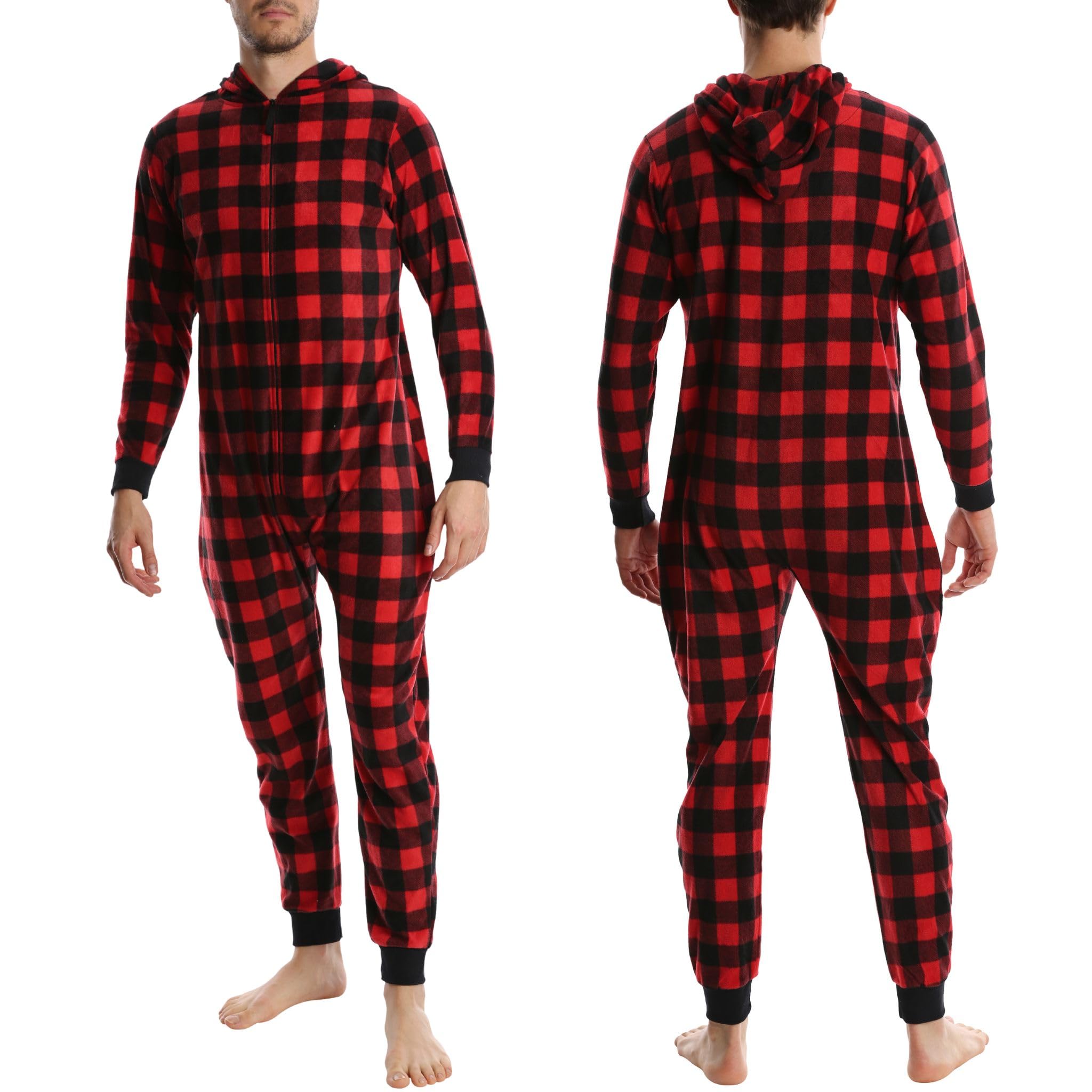 SLEEPHERO Mens Fleece Onesie - Full Zip Hooded Union Suit - Soft Adult One-Piece Year-Round Lounge Set Red Plaid Buffalo Check M