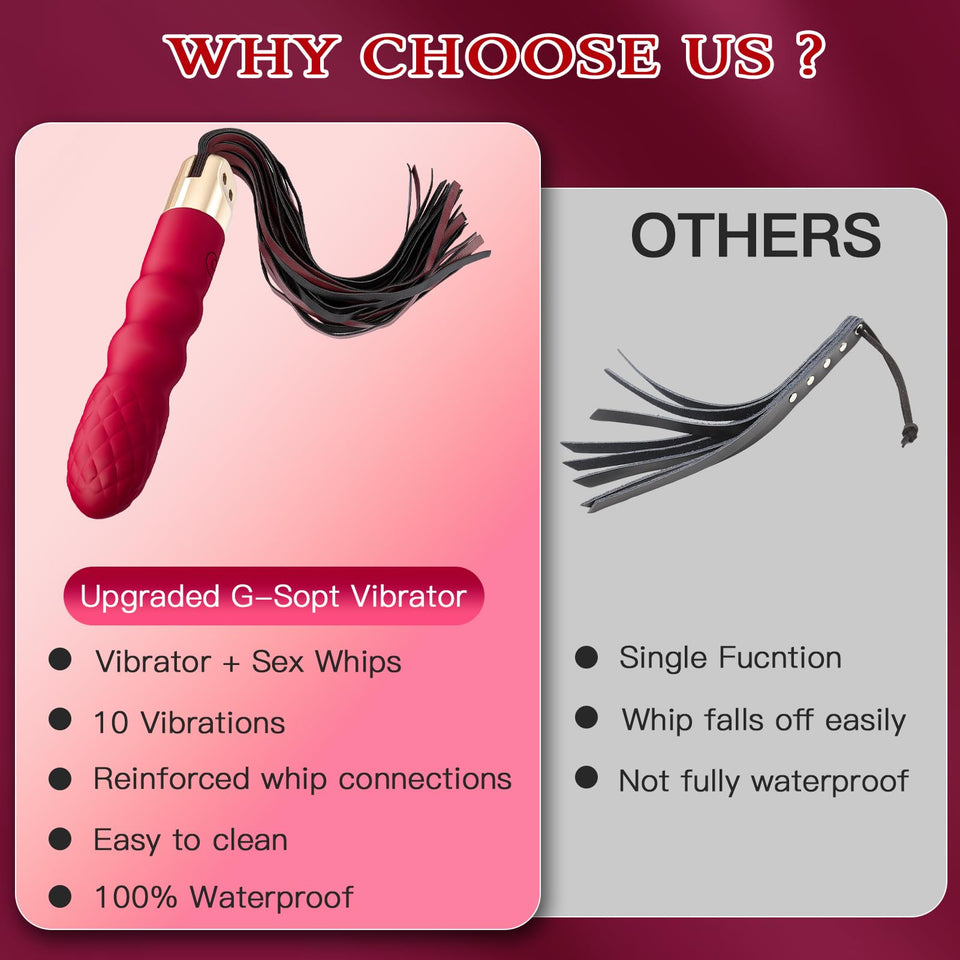 Sex Whip with G Spot Vibrators - BDSM Leather Sex Whips Female Sex Toys Dildo Vibrator with 10 Vibrating Pattern, Couples Adult