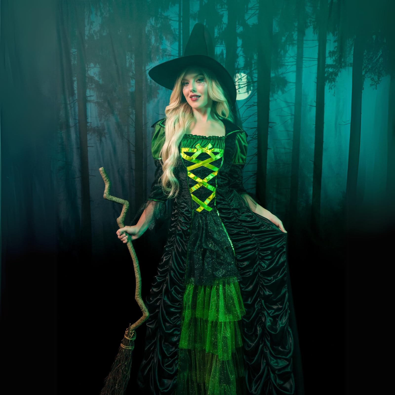 3 Pc.Storybook Witch,Dress With Tiered Glitter Tulle,Hat W/Veil And Long Petticoat Med/Lge Black/Green