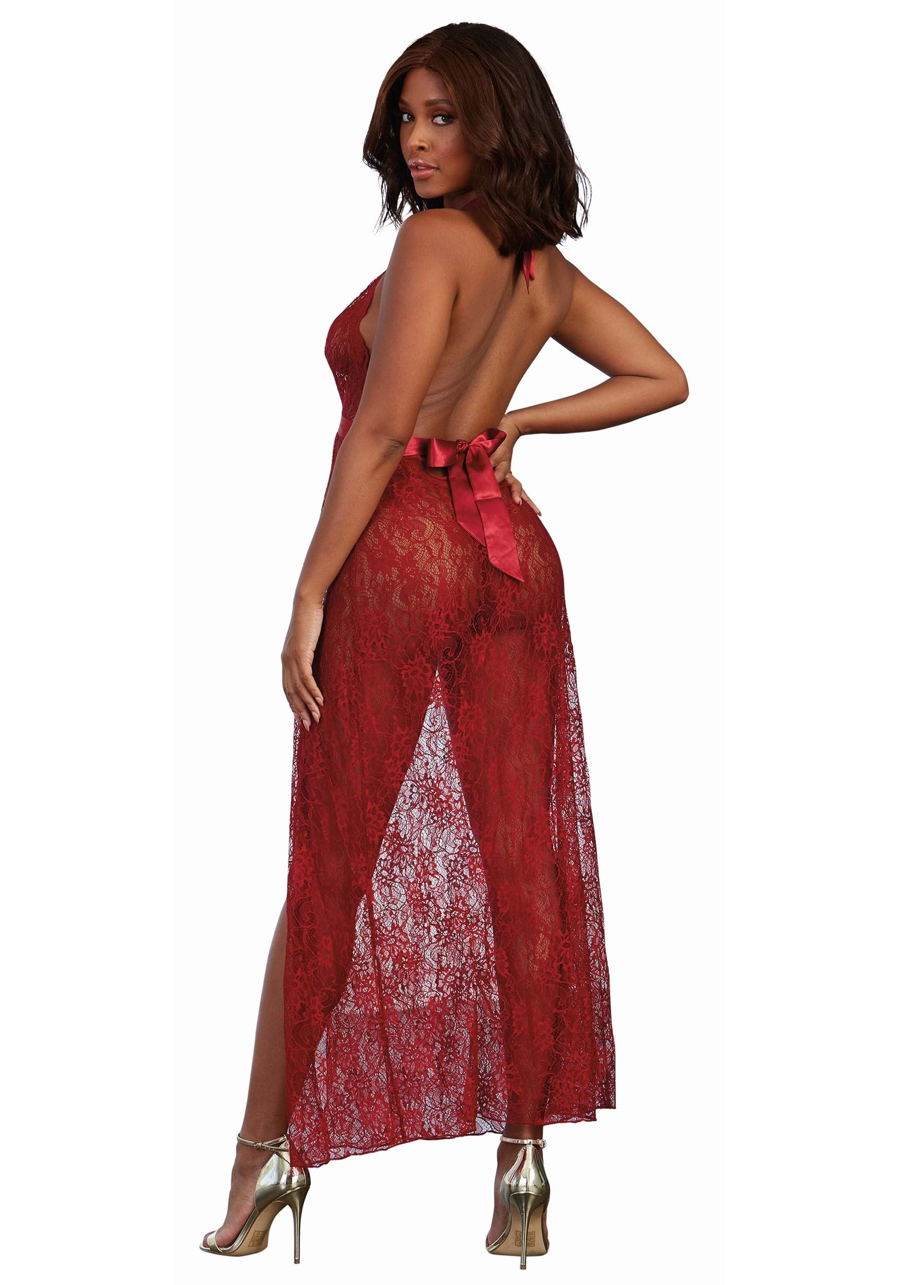 Dreamgirl Women'S Lace Gown And G-String Set, Garnet, Medium