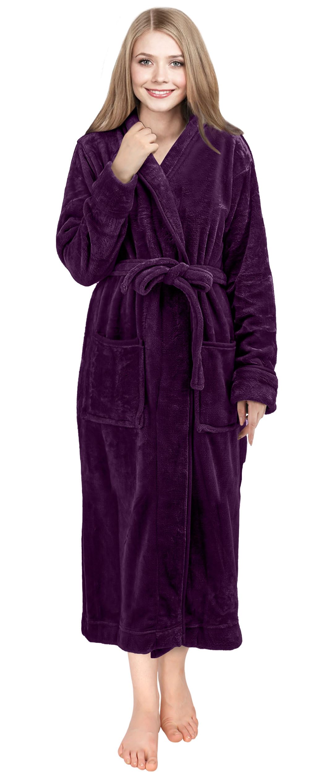 NY Threads Womens Fleece Bath Robe - Shawl Collar Soft Plush Spa Robe, Plum, X-Large