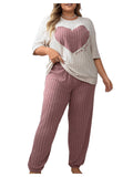 Verdusa Womens Plus Size Ribbed Pajama Set 2 Piece Half Sleeve Top and Pants White Pink 3XL
