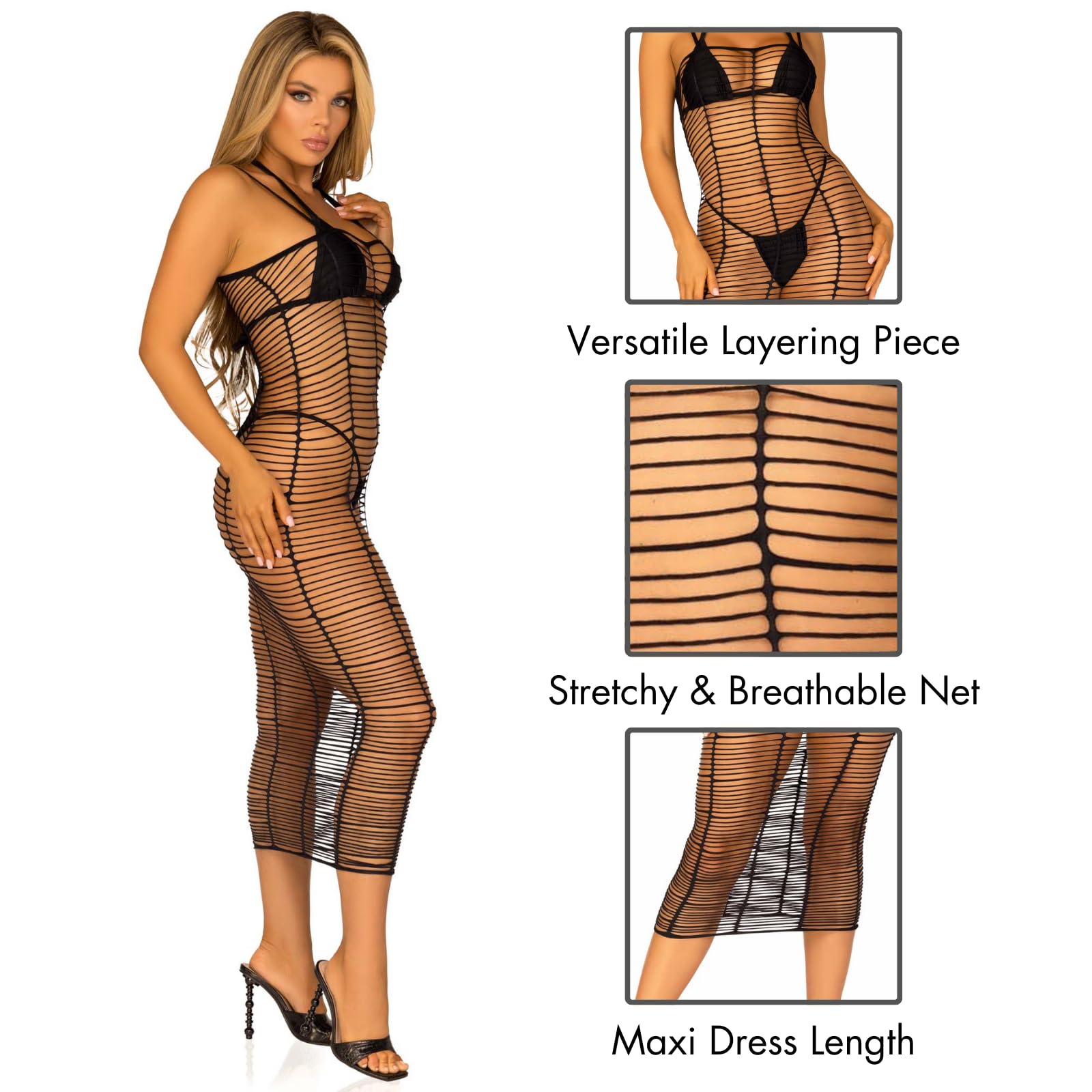 Horizontal Net Maxi Dress. - O/S / Black
