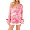 SUEER Womens Heart Print Pajamas Set Long Sleeve Button-Down Satin Sleepwear Shorts Lounge Set (Pink, M)