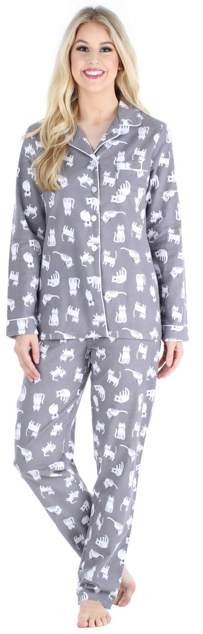 PajamaMania Womens Cotton Flannel Long Sleeve Button-Down Pajamas PJ Set, Grey Cats, Medium