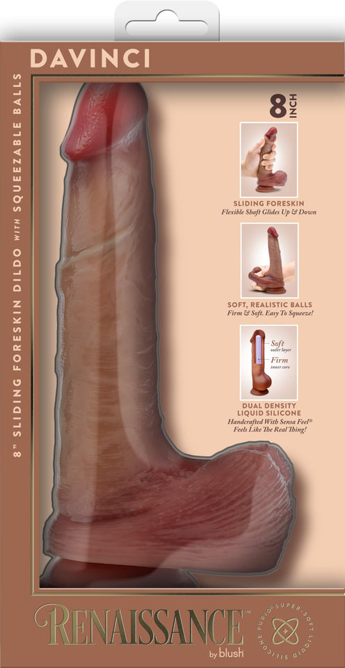 Renaissance Davinci 8 In Sliding Foreskin Dildo Tan