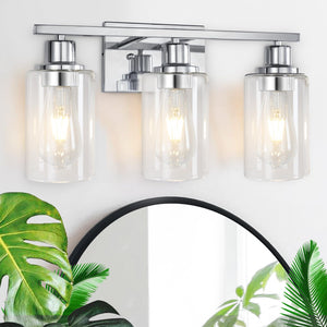 3 Light Vanity Light Fixtures, Polished Chrome Bathroom Wall Sconces, Modern Wall Lights With Clear Glass Shades, Bathroom Wall