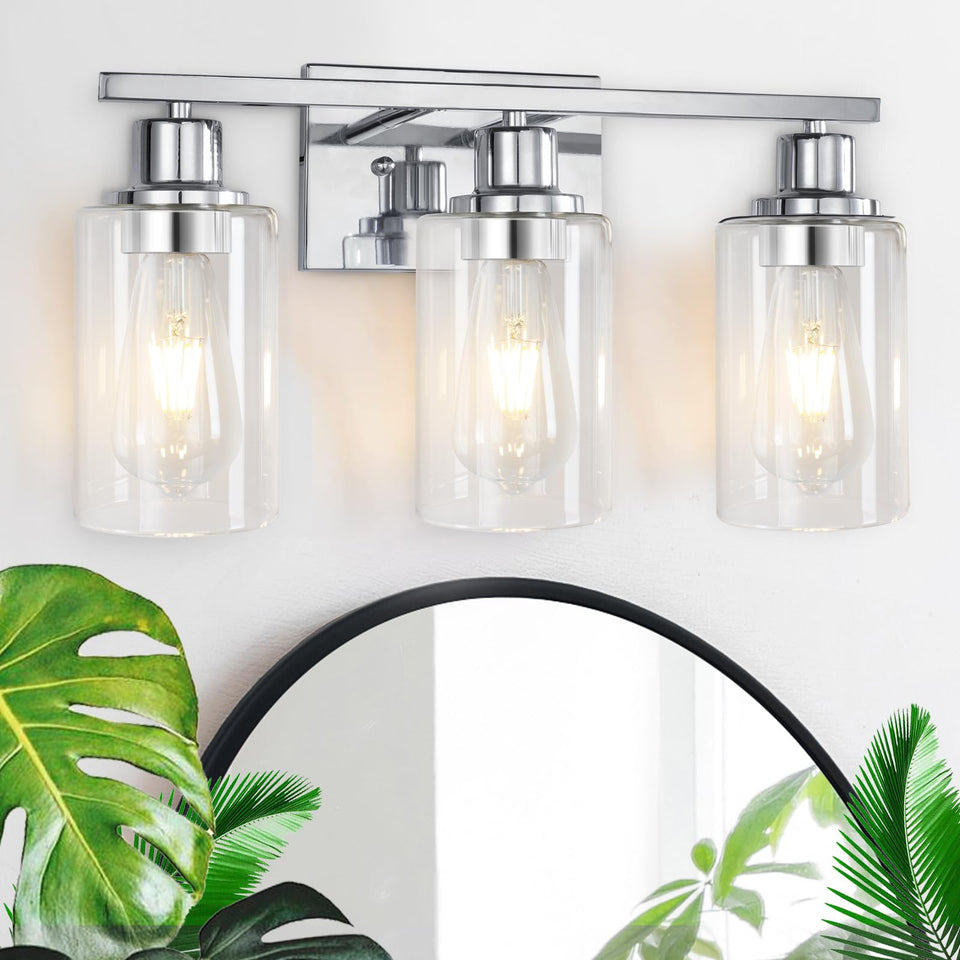 3 Light Vanity Light Fixtures, Polished Chrome Bathroom Wall Sconces, Modern Wall Lights With Clear Glass Shades, Bathroom Wall