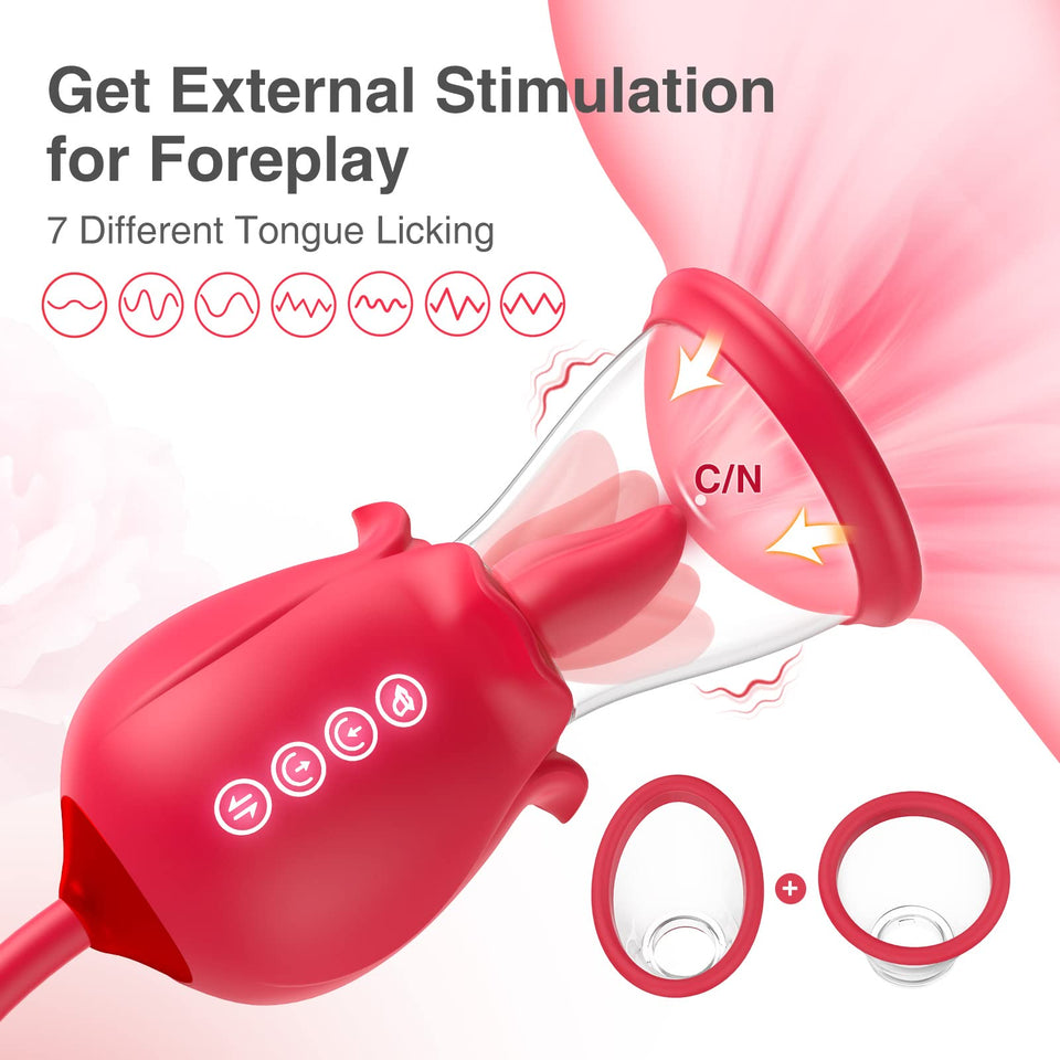 Rose Sex Toy for Womens Sex - 3in1 Upgrade Rose Sex Stimulator for Women with 7 Tongue Licking & 3 Thrusting Vibrator Dildo Adul