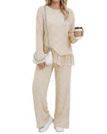 Simlakey Women 2 Piece Sweater Set Ribbed Knit Lounge Set Long Sleeve Tassel Sweater Wide Leg Travel Loungewear with Pockets(Apr