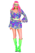 Music Legs 70681-XS 3 Piece Neon Multi-Color Swirl Dress with Bell Sleeves for Headband & Belt - Extra Small