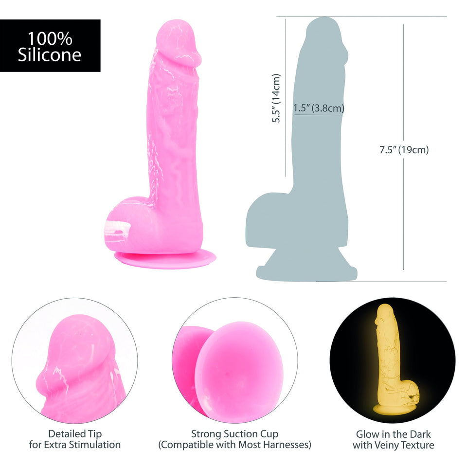 Addiction - Brandon - 7.5'' Glow In The Dark Dildo With Balls - Pink