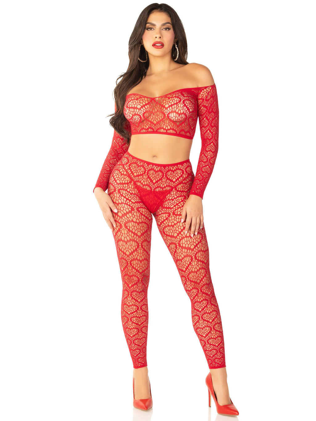 2 PC Heart Net Off-the-Shoulder Crop Top and Footless Tights
