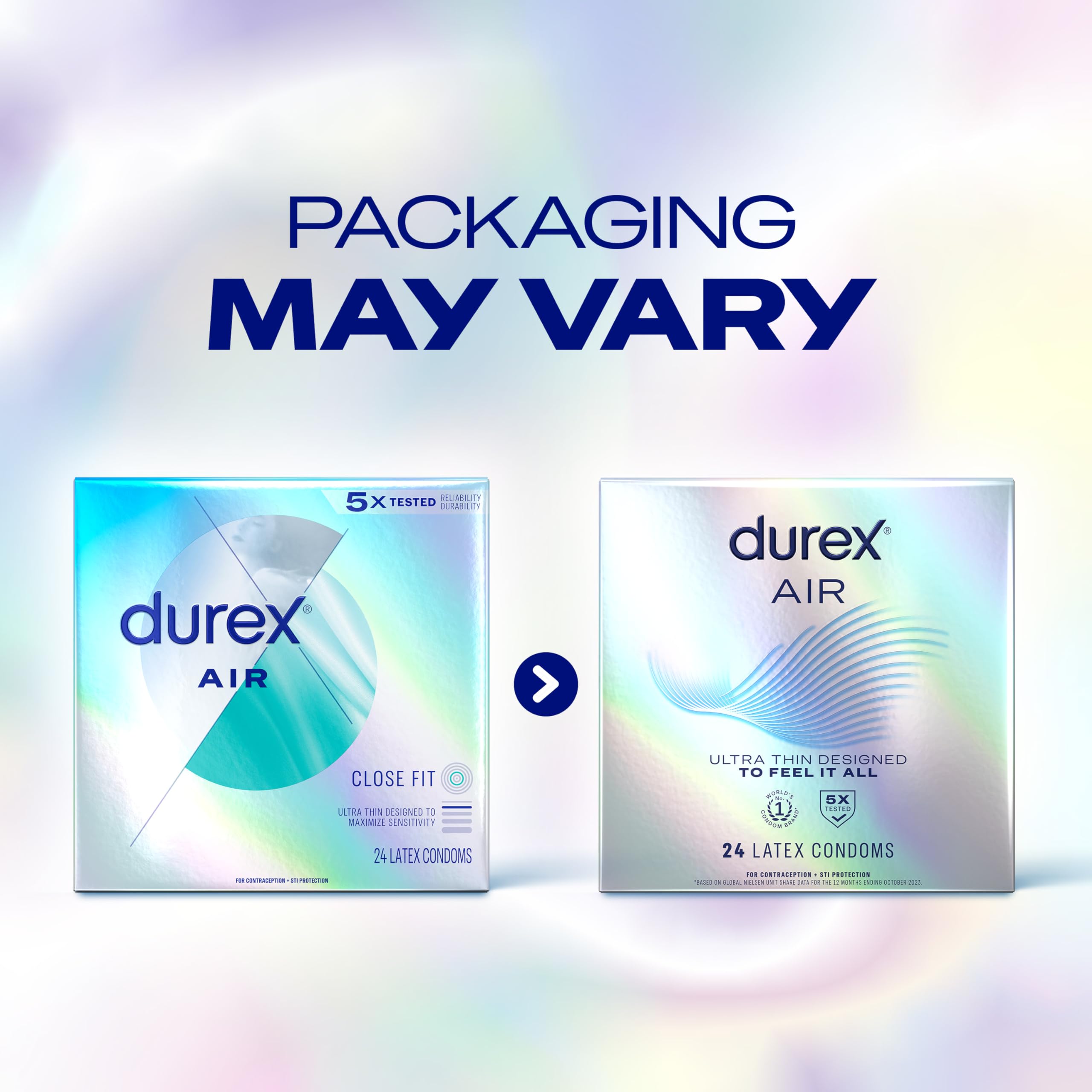 Durex Air Condoms Extra Thin, Transparent Natural Rubber Latex Condoms for Men, Close Fit, FSA & HSA Eligible, 24 Count (Pack of