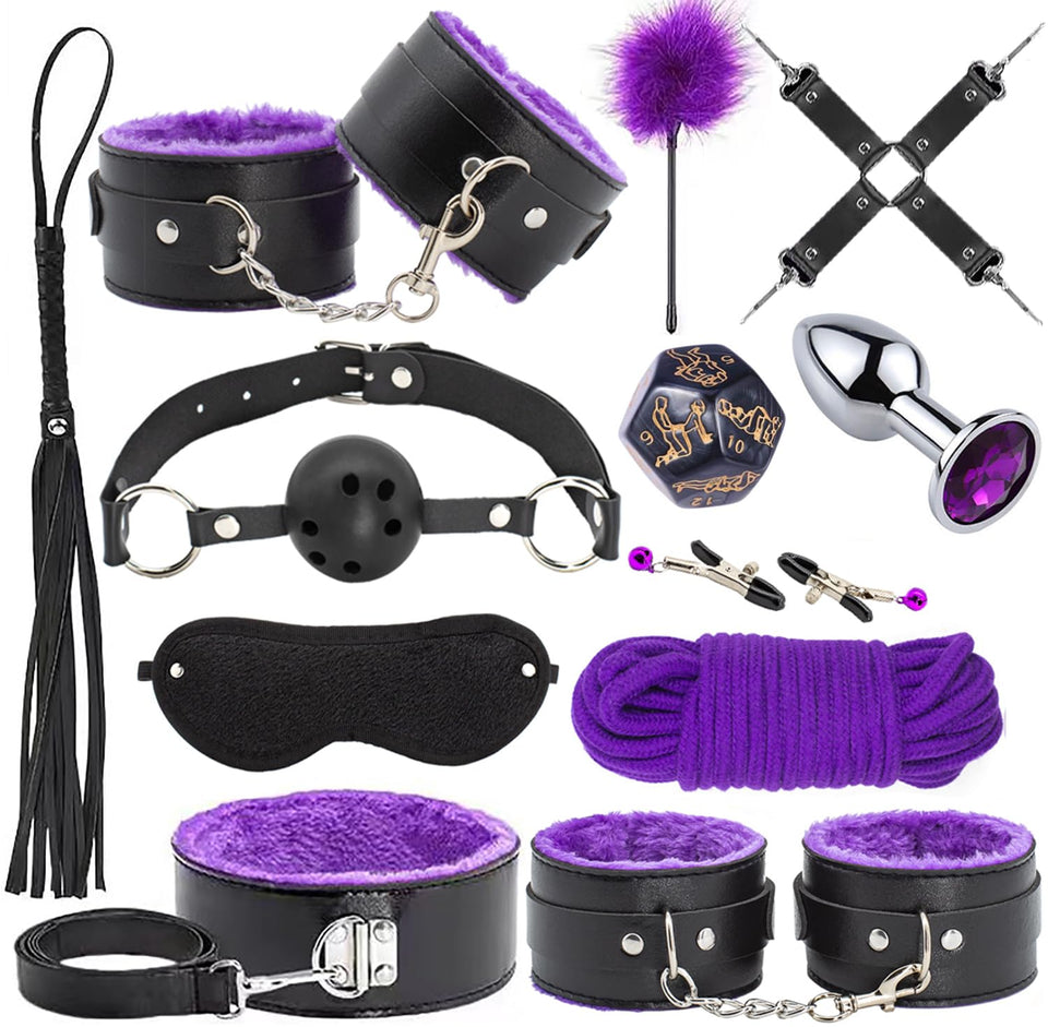 BDSM Sex Bondage Kit Restraints - 12PCS Sets with Adjustable Handcuffs Collar Ankle Cuff Blindfold Feather Tickler Anal Plug Adu
