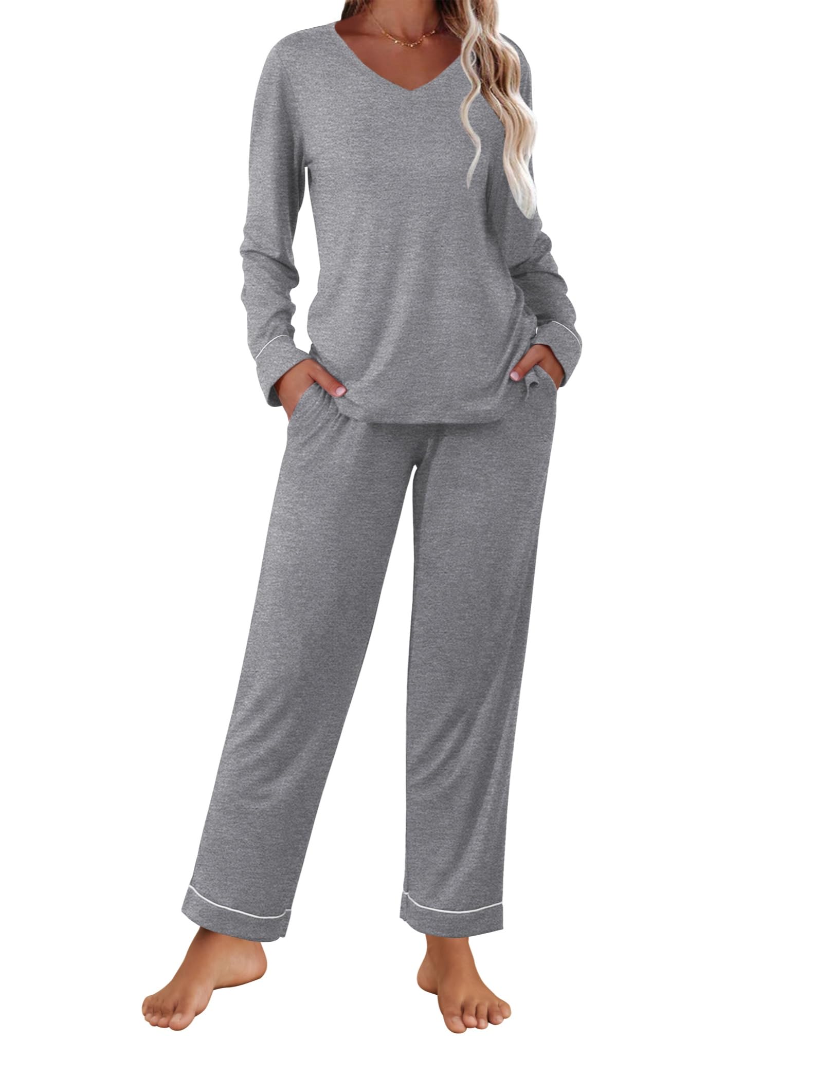Ekouaer Womens Pajama Sets 2 piece Lounge Sets for Women V-neck Long Sleeve Top and Elastic Waist Pants with Pockets