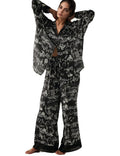 Yimoon Womens Satin Pajama Set Floral Silk Pajamas 2 Piece Cute Long Sleeve Button Down Pjs Sleepwear Lounge Set(Black-L)