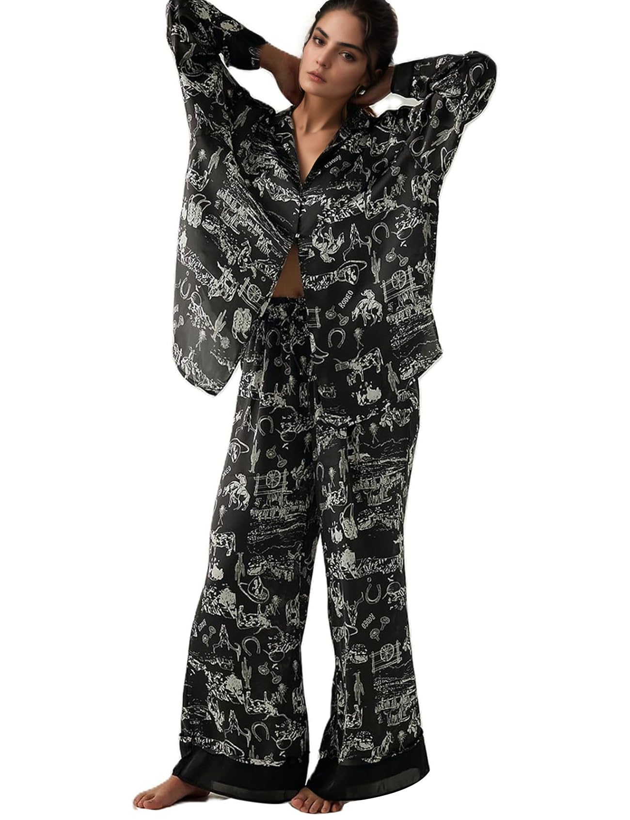 Yimoon Womens Satin Pajama Set Floral Silk Pajamas 2 Piece Cute Long Sleeve Button Down Pjs Sleepwear Lounge Set(Black-L)