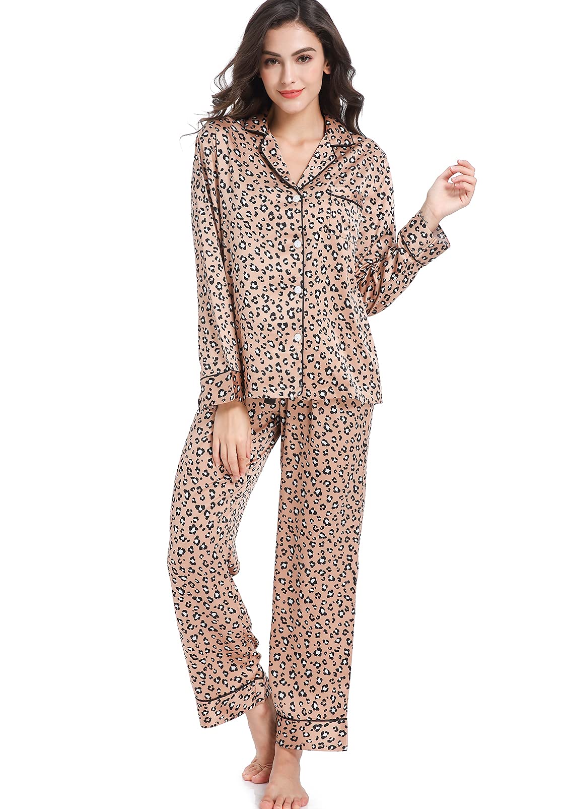 Serenedelicacy Womens Satin Pajama Set 2-Piece Sleepwear Loungewear Long Sleeve Button Down Silky PJ Set (X-Large, Tan/Black/Iv