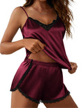 Ekouaer Pajama Sets for Women 2 Piece Silk Lingerie Sleepwear Satin Cami Pj Shorts Set Soft Nightwear Dark Red S