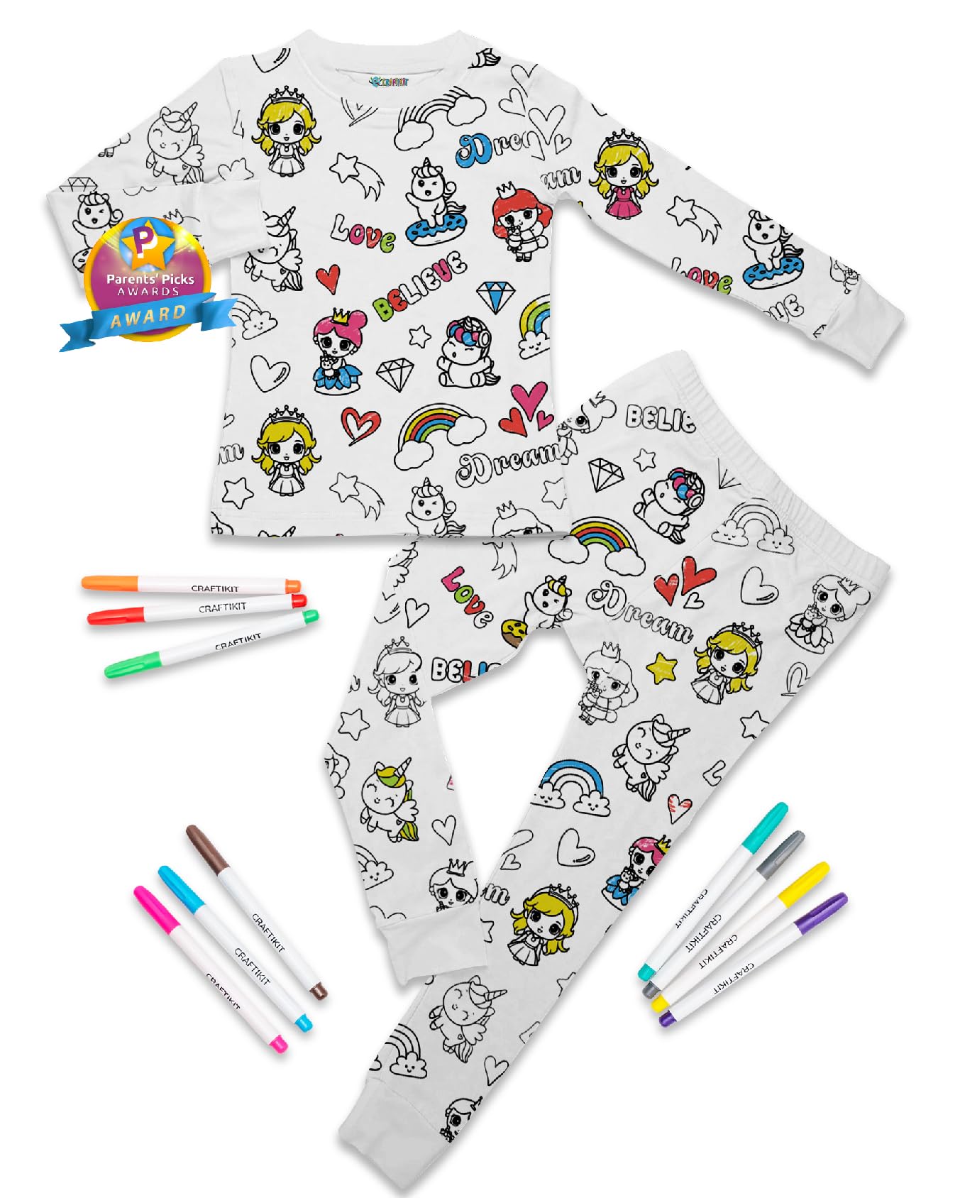 Craftikit Coloring Pajamas for Kids with Markers - Princess & Unicorn Soft Stretchy Bamboo Viscose 2-Piece Unisex PJs Set, Color