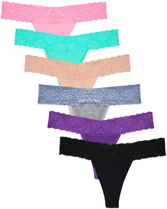 Sunm Boutique Pack of 6 Lace Thongs for Women Thong Underwear Women Lace Panties Womens Thin T Back Low Waist Cotton Thongs for