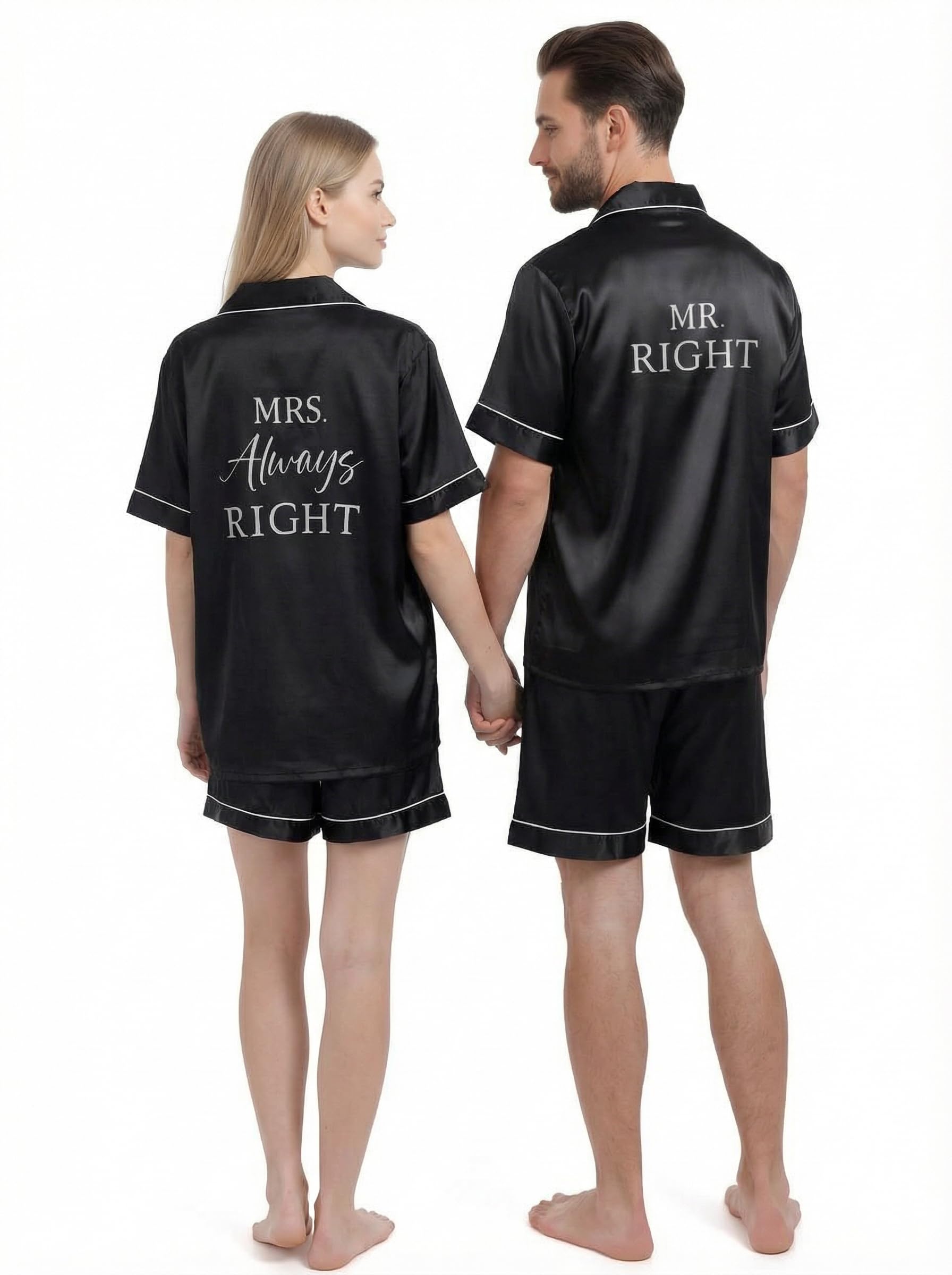 Jecery Valentines Couples Matching Pajamas Mr and Mrs Pajamas Sets His and Hers Short Satin Button Pjs for Bride Groom Gift(Wome