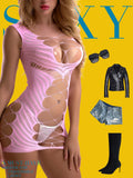 Fasicat Sexy Lingerie For Women Fishnet Halter Chemise Deep V Hot Mesh Mini Dress Bodysuit Pink