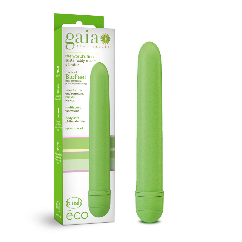 Blush Novelties Gaia Eco Plant-Based 7'' Slim Multispeed Vibrator in Green Made of Sustainable BioFeel Worlds First Plant Based 