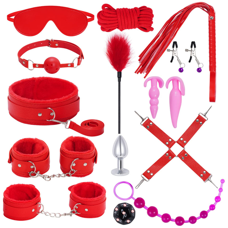 15Pcs Bondage Restraints Sex Toys Adult Games Kit SM Fetish Bed Restraints Set for Beginners Cuffs Blindfold Spanking Nipple Cla