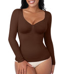 FeelinGirl Shapewear for Women Tummy Control Compression Tops Body Shaper Long Sleeve Shirts V Neck Shapewear Brown Medium