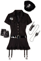 6 Pc Dirty Cop Costume, Includes Button Front Dress, Hat, Gloves, Belt, Tie, And Toy Walkie-Talkie
