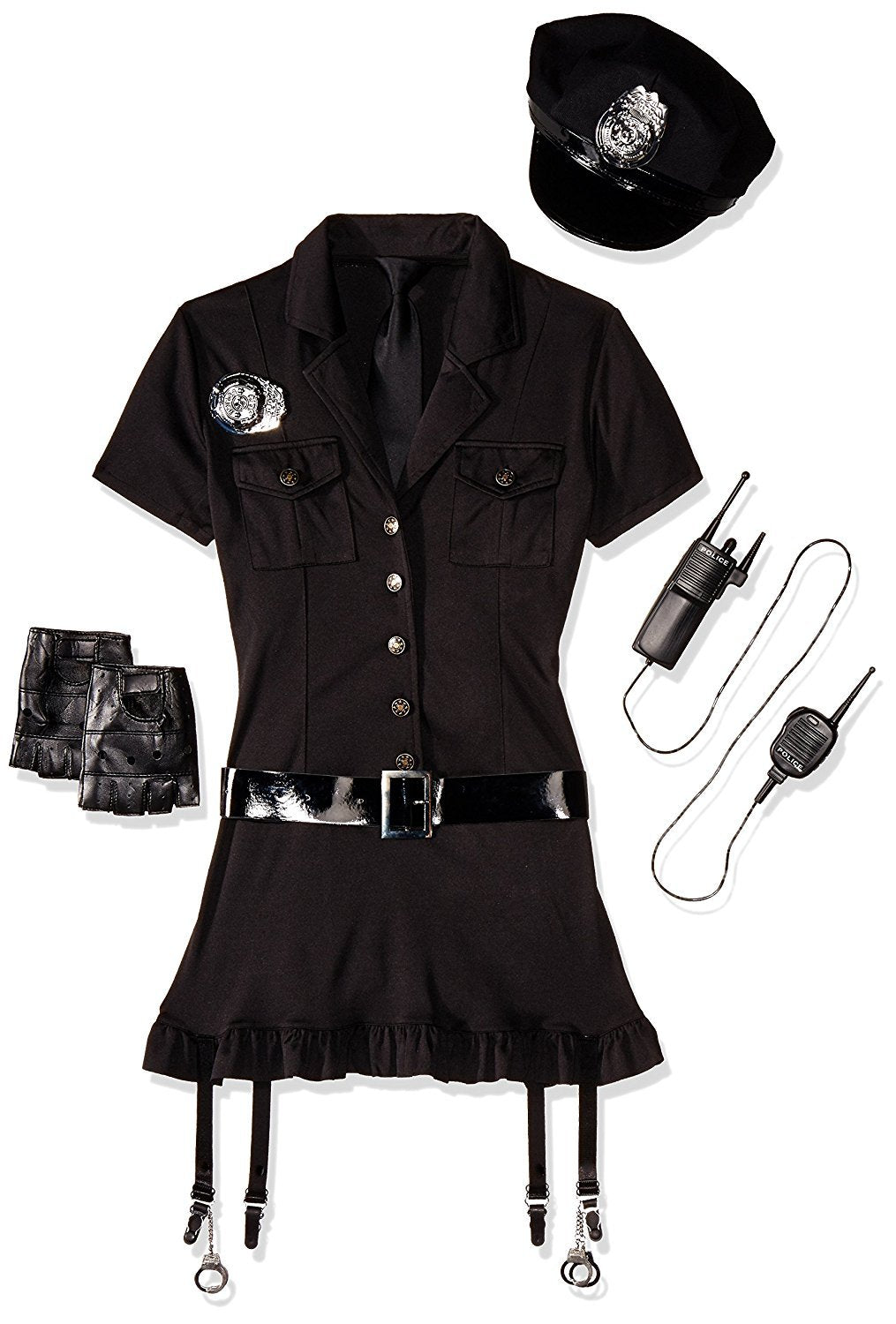 6 Pc Dirty Cop Costume, Includes Button Front Dress, Hat, Gloves, Belt, Tie, And Toy Walkie-Talkie
