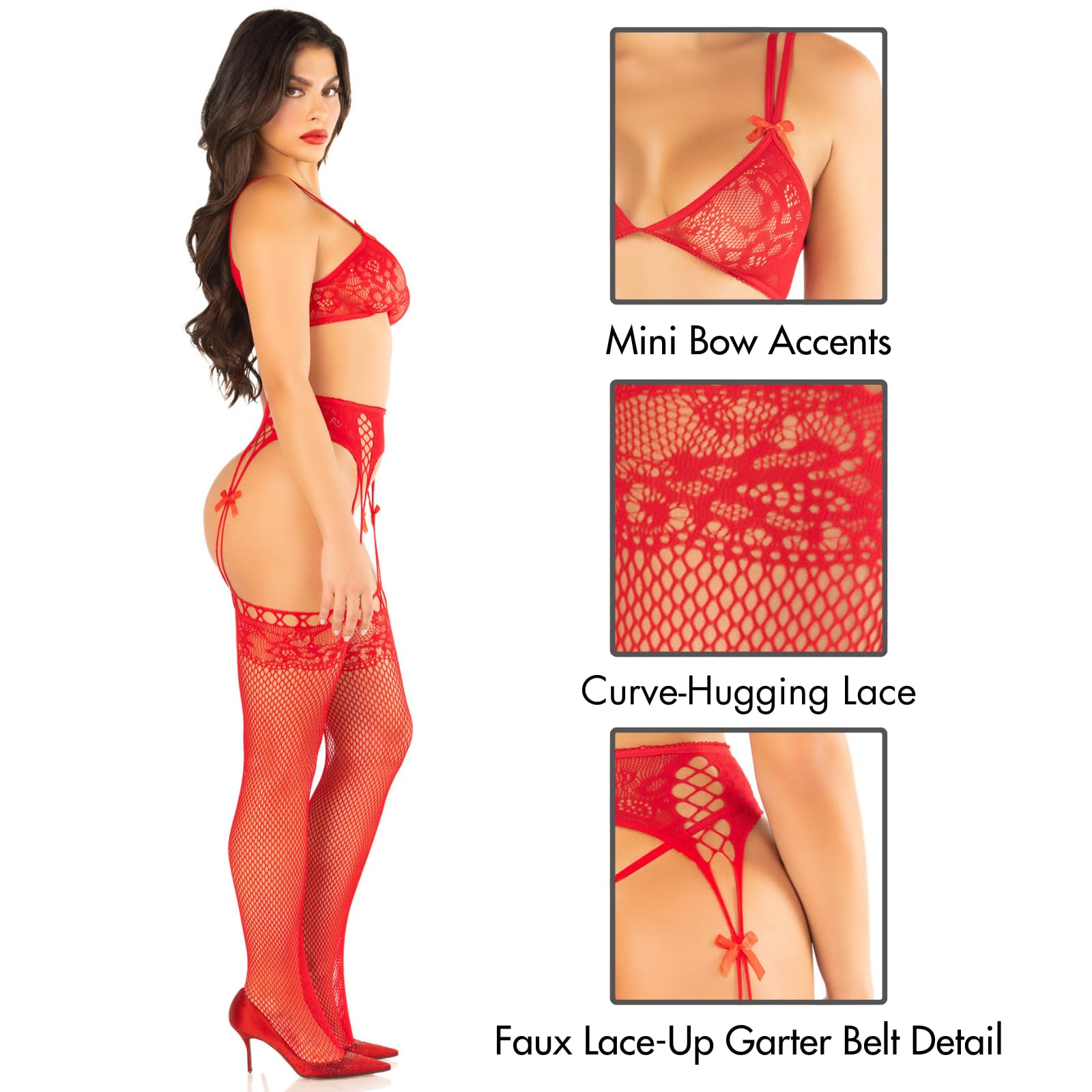 3 PC Lace Bra Top with Dual Strap Detail, G-String Panty, and Lace Top Garter Belt Stockings