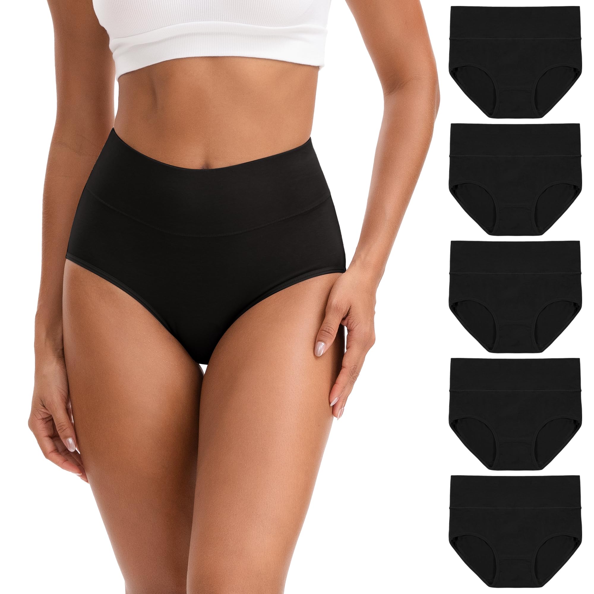 INNERSY Womens High Waisted Underwear Cotton Panties Regular & Plus Size 5-Pack(XL,5 Black)