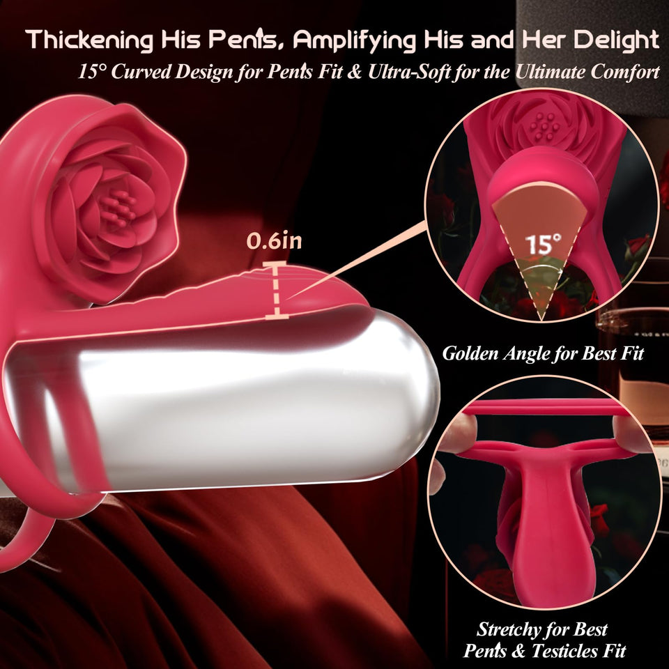Vibrating Cock Ring Penis Sleeve with Rose Clitoral Stimulator, Penis Ring Vibrator Couples Adult Sex Toys for Men Women, Male F