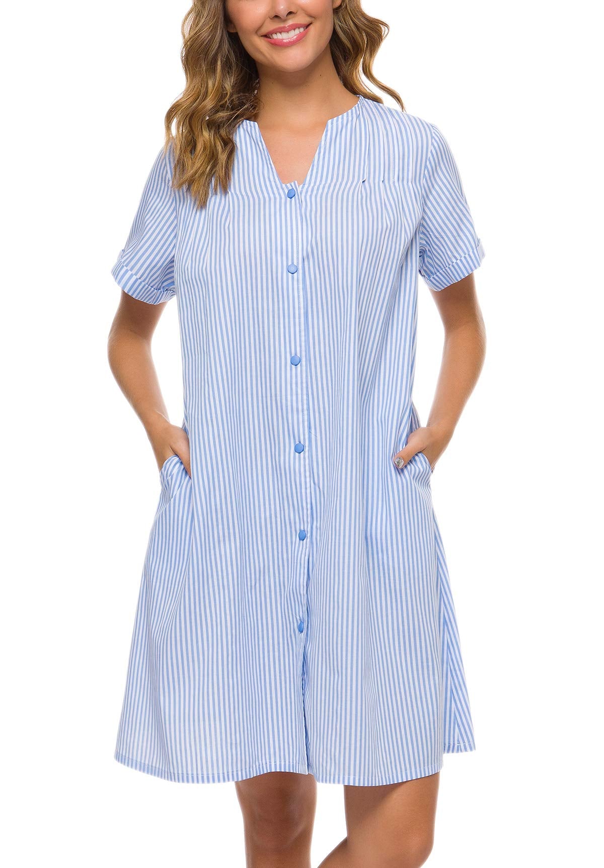 YOZLY House Dress Women Cotton Duster Robe Short Sleeve Housecoat Button Down Nightgown Light Blue XX-Large