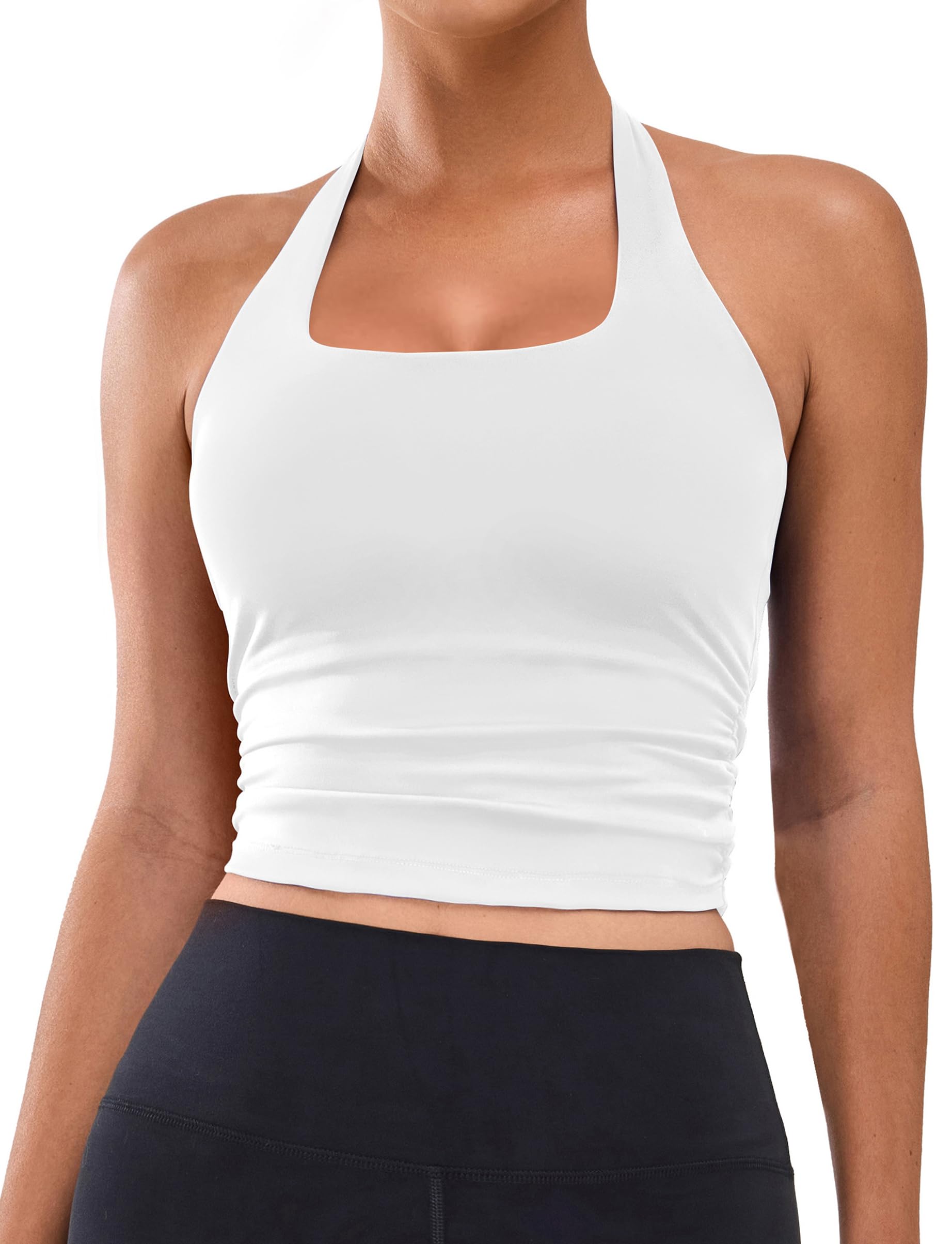 BMJL Womens Halter Built in Bra Workout Sports Tank Tops Buttery Longline Stappy Gym Crop Tops(L, White)