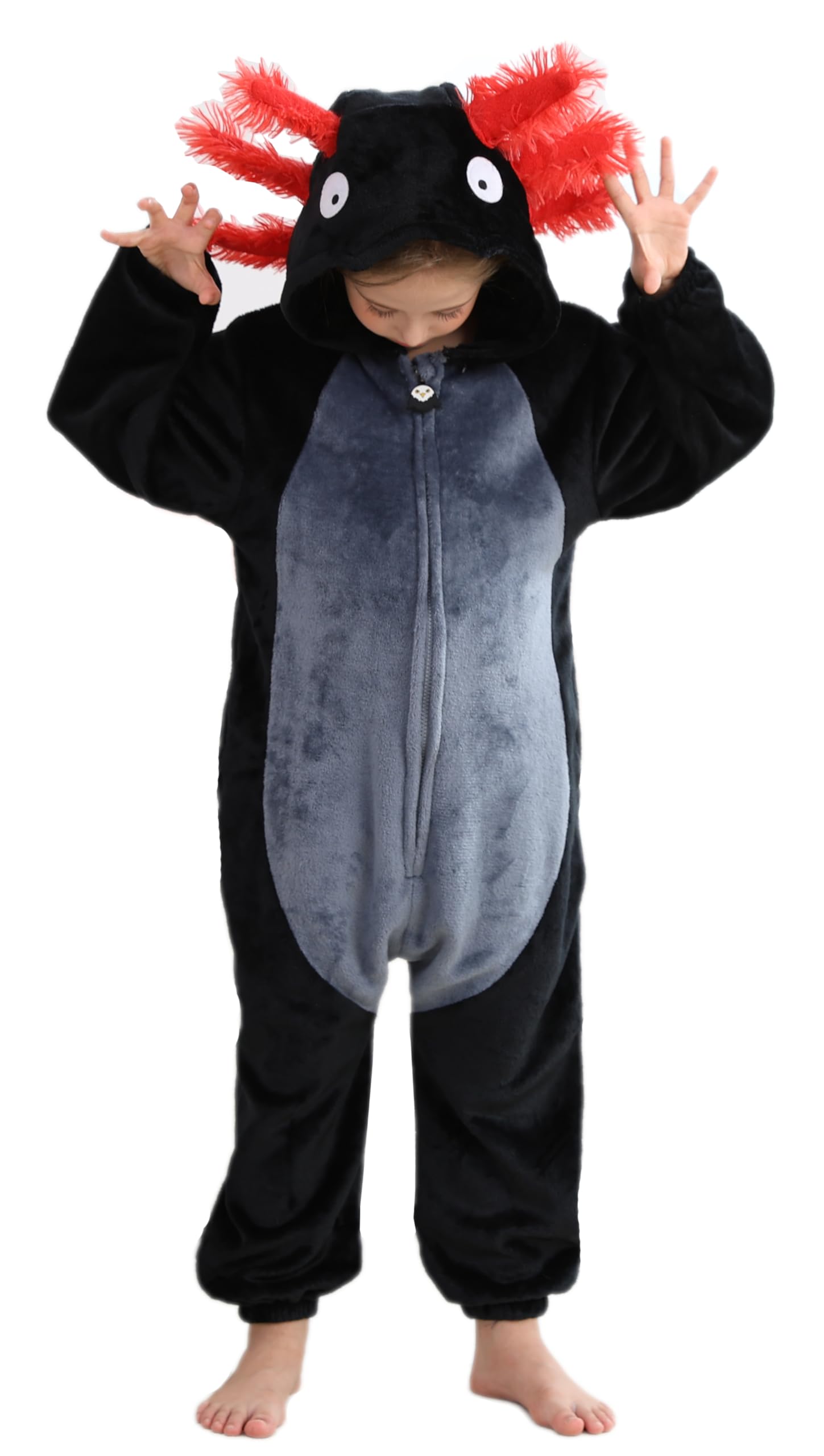 CuteOn Black-Red Axolotl Onesie Kids Animal Pajamas for Boys Girls Halloween Christmas Costume Cosplay Sleepwear Height for 110c