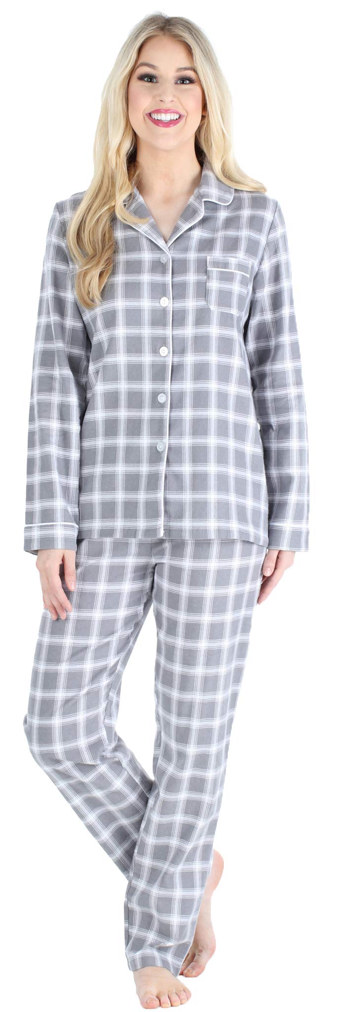 PajamaMania Womens Cotton Flannel Long Sleeve Button-Down Pajamas PJ Set, Grey Plaid, Large